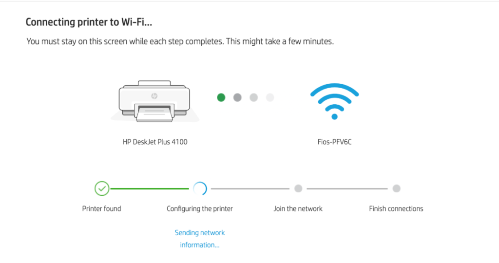 Screen displaying the process of connecting an HP DeskJet Plus 4100 printer to Wi-Fi, with progress indicators and steps for printer hp setup configuration.