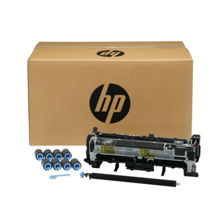 HP printer setup maintenance kit including fuser assembly, rollers, and accessories placed in front of an HP-branded cardboard box