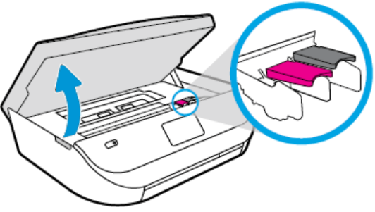 Illustration showing the process of replacing an ink cartridge in a hp printer set up, with a close-up of the cartridge slot highlighted.